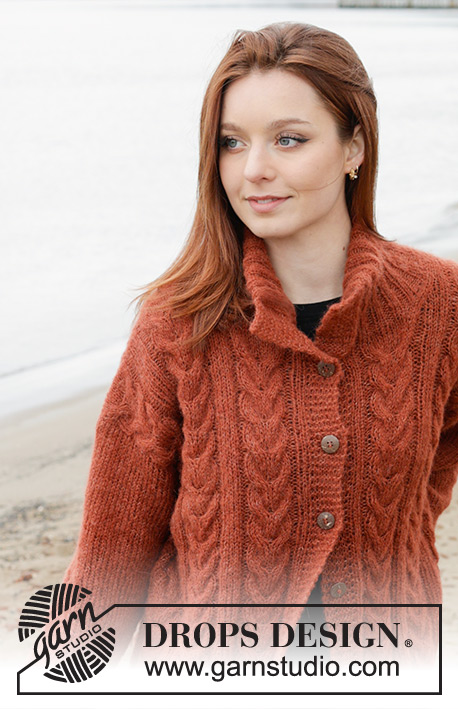 Flaming Heart Cardigan / DROPS 245-9 - Knitted jacket in DROPS Brushed Alpaca Silk. The piece is worked bottom up with cables, double neck and split in sides. Sizes S - XXXL.
