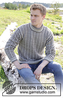 Winter Twilight / DROPS 246-1 - Gebreide trui voor heren in DROPS Merino Extra Fine. Het werk wordt van onder naar boven gebreid met Scandinavisch/IJslands patroon, dubbele halsrand en ingenaaide mouwen. Maten S - XXXL.