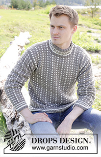 Winter Twilight / DROPS 246-1 - Gebreide trui voor heren in DROPS Merino Extra Fine. Het werk wordt van onder naar boven gebreid met Scandinavisch/IJslands patroon, dubbele halsrand en ingenaaide mouwen. Maten S - XXXL.