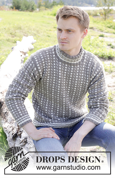 Winter Twilight / DROPS 246-1 - Gebreide trui voor heren in DROPS Merino Extra Fine. Het werk wordt van onder naar boven gebreid met Scandinavisch/IJslands patroon, dubbele halsrand en ingenaaide mouwen. Maten S - XXXL.