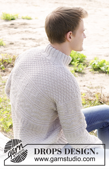 Lines in the Sand / DROPS 246-12 - Gebreide trui voor heren in DROPS Alaska of DROPS Big Merino. Het werk wordt van onder naar boven gebreid met reliëfpatroon en dubbele halsrand. Maten S - XXXL.