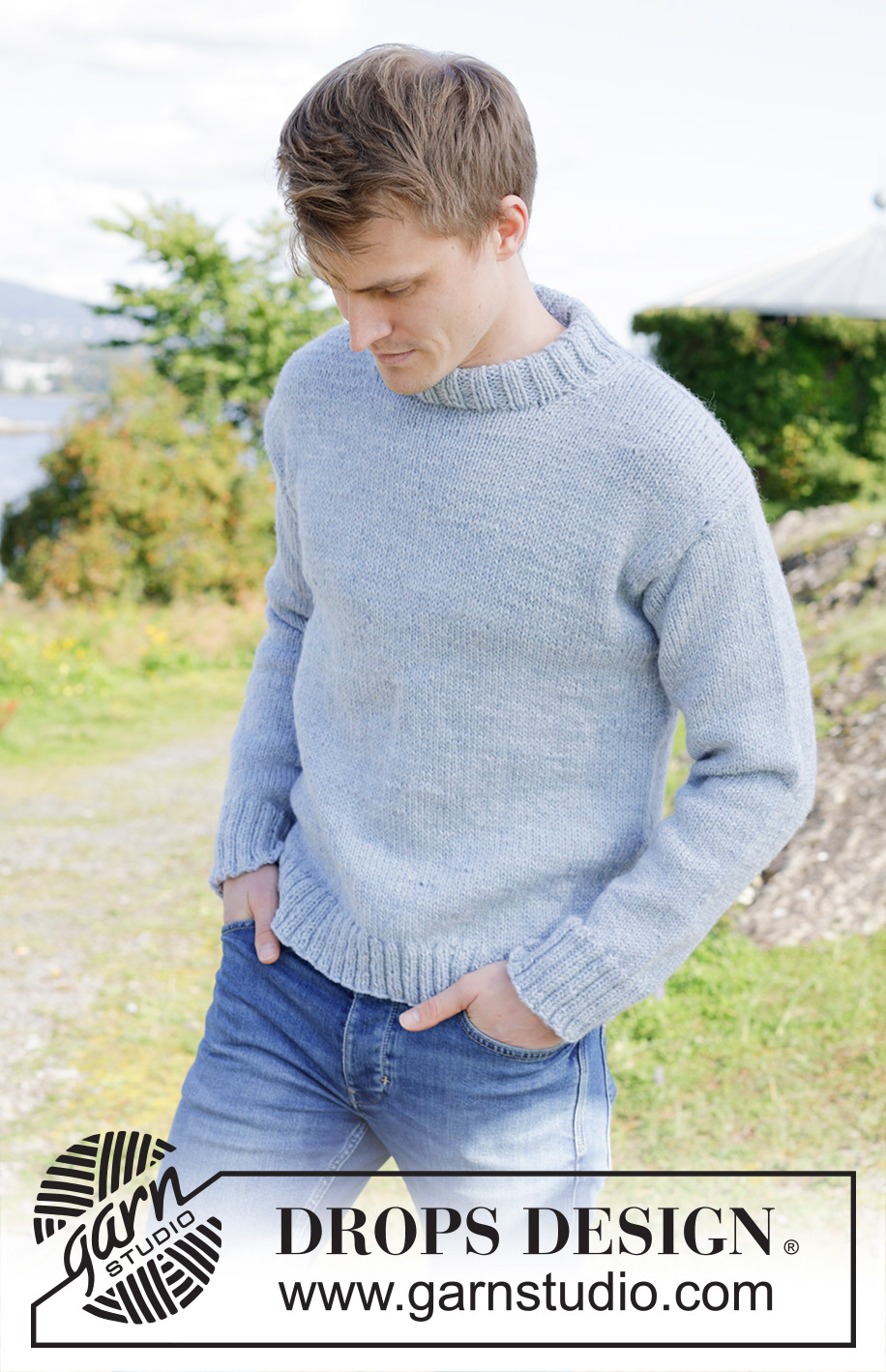 Waterway / DROPS 246-14 - Knitted jumper for men in DROPS Alaska. The piece is worked top down in stocking stitch with European/diagonal shoulders. Sizes S - XXXL.