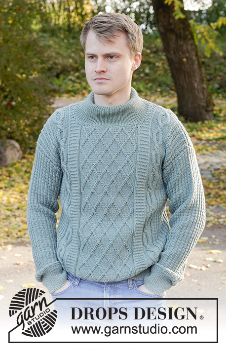Ocean Ropes / DROPS 246-2 - Gebreide trui voor heren in DROPS Merino Extra Fine. Het werk wordt van onder naar boven gebreid met reliëfpatroon, kabels, ingenaaide mouwen en dubbele halsrand. Maten S - XXXL.