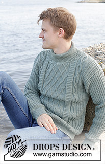 Ocean Ropes / DROPS 246-2 - Gebreide trui voor heren in DROPS Merino Extra Fine. Het werk wordt van onder naar boven gebreid met reliëfpatroon, kabels, ingenaaide mouwen en dubbele halsrand. Maten S - XXXL.