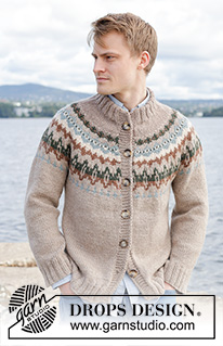 Autumn Reflections Cardigan / DROPS 246-3 - Męski rozpinany sweter na drutach, przerabiany od góry do dołu, z włóczki DROPS Nepal. Z zaokrąglonym karczkiem, żakardem i podwójnym wykończeniem dekoltu. Od S do XXXL.