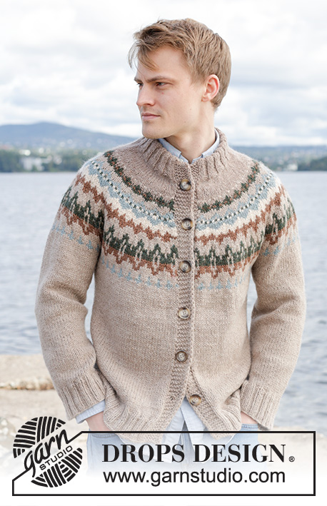 Autumn Reflections Cardigan / DROPS 246-3 - Męski rozpinany sweter na drutach, przerabiany od góry do dołu, z włóczki DROPS Nepal. Z zaokrąglonym karczkiem, żakardem i podwójnym wykończeniem dekoltu. Od S do XXXL.
