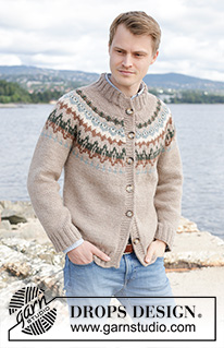 Autumn Reflections Cardigan / DROPS 246-3 - Męski rozpinany sweter na drutach, przerabiany od góry do dołu, z włóczki DROPS Nepal. Z zaokrąglonym karczkiem, żakardem i podwójnym wykończeniem dekoltu. Od S do XXXL.