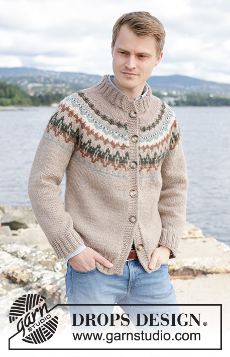 Autumn Reflections Cardigan / DROPS 246-3 - Męski rozpinany sweter na drutach, przerabiany od góry do dołu, z włóczki DROPS Nepal. Z zaokrąglonym karczkiem, żakardem i podwójnym wykończeniem dekoltu. Od S do XXXL.