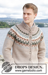 Autumn Reflections Cardigan / DROPS 246-3 - Męski rozpinany sweter na drutach, przerabiany od góry do dołu, z włóczki DROPS Nepal. Z zaokrąglonym karczkiem, żakardem i podwójnym wykończeniem dekoltu. Od S do XXXL.