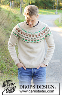 Reindeer Dance Sweater / DROPS 246-42 - Miehen ylhäältä alas neulottu pusero DROPS Daisy-langasta. Työssä on kaksinkertainen pääntien reunus, kaarroke, kirjoneuletta ja porokuvioita. Koot S - XXXL.