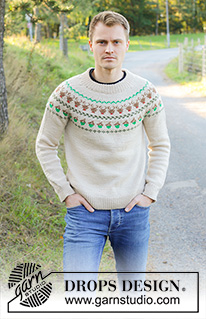 Reindeer Dance Sweater / DROPS 246-42 - Miehen ylhäältä alas neulottu pusero DROPS Daisy-langasta. Työssä on kaksinkertainen pääntien reunus, kaarroke, kirjoneuletta ja porokuvioita. Koot S - XXXL.