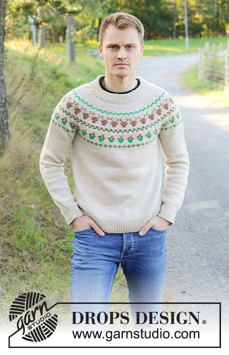 Reindeer Dance Sweater / DROPS 246-42 - Miehen ylhäältä alas neulottu pusero DROPS Daisy-langasta. Työssä on kaksinkertainen pääntien reunus, kaarroke, kirjoneuletta ja porokuvioita. Koot S - XXXL.