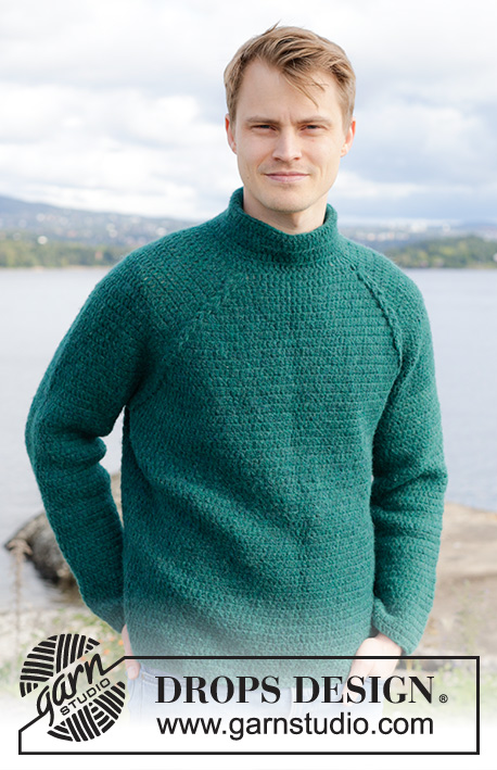 Irish Hill / DROPS 246-5 - Gehäkelter Pullover für Herren in DROPS Air. Die Arbeit wird von oben nach unten mit Raglan, Zopfmuster und langen Ärmeln gehäkelt. Größe S - XXXL.