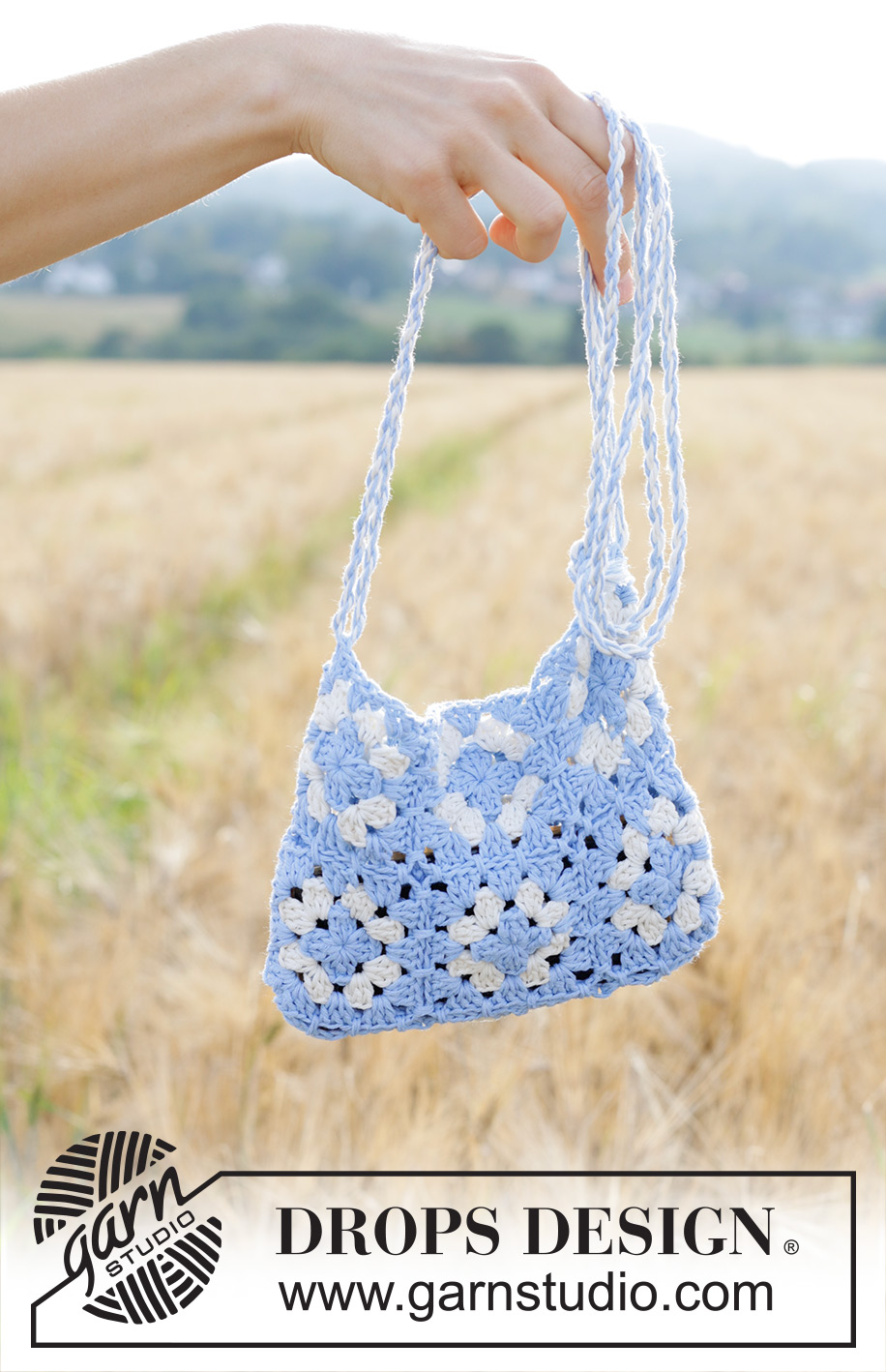 Seaside Daisy Bag / DROPS 247-10 - Virkad väska med mormorsrutor i DROPS Cotton Light.