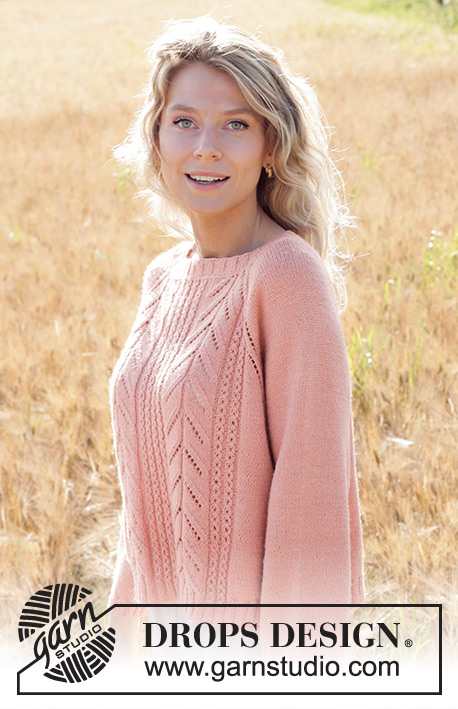 Pink Paradise / DROPS 248-14 - Strikket bluse i DROPS Flora eller DROPS BabyMerino. Arbejdet strikkes oppefra og ned med raglan, hulmønster og snoninger. Størrelse S - XXXL.