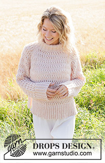 Sommervind / DROPS 248-15 - Strikket bluse i DROPS Alpaca og DROPS Brushed Alpaca Silk. Arbejdet strikkes oppefra og ned med raglan, dobbelt halskant, hulmønster og slids i siderne. Størrelse S - XXXL.
