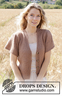 Brown Butterflies Cardigan / DROPS 248-19 - Knitted jacket in DROPS Alpaca and DROPS Kid-Silk. The piece is worked bottom up with V-neck, I-cord and short, puffed sleeves. Sizes S - XXXL.