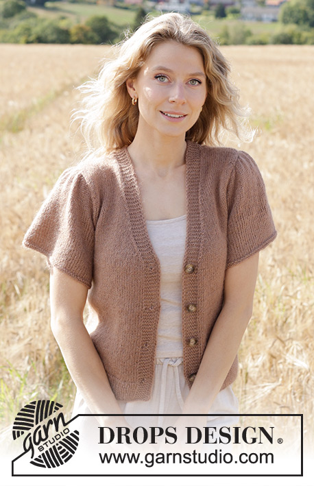 Brown Butterflies Cardigan / DROPS 248-19 - Knitted jacket in DROPS Alpaca and DROPS Kid-Silk. The piece is worked bottom up with V-neck, I-cord and short, puffed sleeves. Sizes S - XXXL.