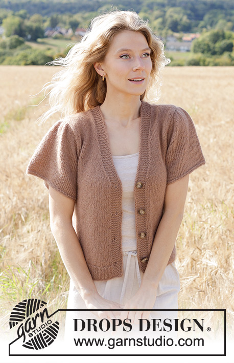 Brown Butterflies Cardigan / DROPS 248-19 - Knitted jacket in DROPS Alpaca and DROPS Kid-Silk. The piece is worked bottom up with V-neck, I-cord and short, puffed sleeves. Sizes S - XXXL.