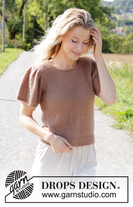Brown Butterflies Top / DROPS 248-20 - Knitted sweater with short sleeves in DROPS Alpaca and DROPS Kid-Silk. The piece is worked bottom up with round neck + I-cord and short, puffed sleeves. Sizes S - XXXL.