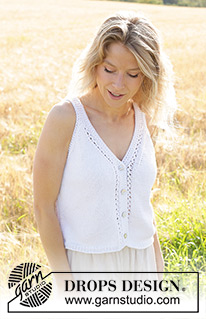 Pearl Strings Top / DROPS 248-21 - Knitted top/vest in DROPS Cotton Light. The piece is worked bottom up with stocking stitch, edges in lace pattern and V-neck with I-cord. Sizes S - XXXL.