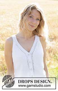 Pearl Strings Top / DROPS 248-21 - Knitted top/vest in DROPS Cotton Light. The piece is worked bottom up with stocking stitch, edges in lace pattern and V-neck with I-cord. Sizes S - XXXL.