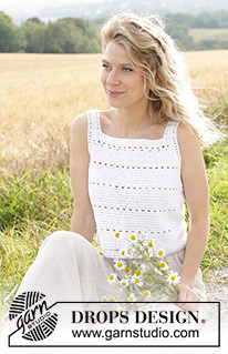Moonstone Meadow / DROPS 248-22 - Crocheted top/singlet in DROPS Safran. Piece is crocheted top down with treble crochets and lace pattern. Size: S - XXXL