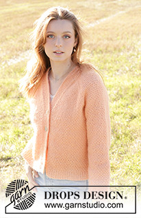 Perfectly Peach Jacket / DROPS 248-23 - Rozpinany sweter na drutach, przerabiany od góry do dołu, z włóczki DROPS Air. Ze ściegiem ryżowym, reglanowymi rękawami, dekoltem V i brzegami I-cordem. Od XS do XXL.