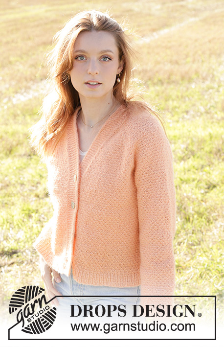 Perfectly Peach Jacket / DROPS 248-23 - Rozpinany sweter na drutach, przerabiany od góry do dołu, z włóczki DROPS Air. Ze ściegiem ryżowym, reglanowymi rękawami, dekoltem V i brzegami I-cordem. Od XS do XXL.