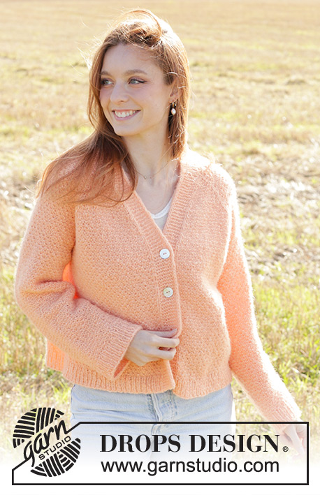 Perfectly Peach Jacket / DROPS 248-23 - Rozpinany sweter na drutach, przerabiany od góry do dołu, z włóczki DROPS Air. Ze ściegiem ryżowym, reglanowymi rękawami, dekoltem V i brzegami I-cordem. Od XS do XXL.