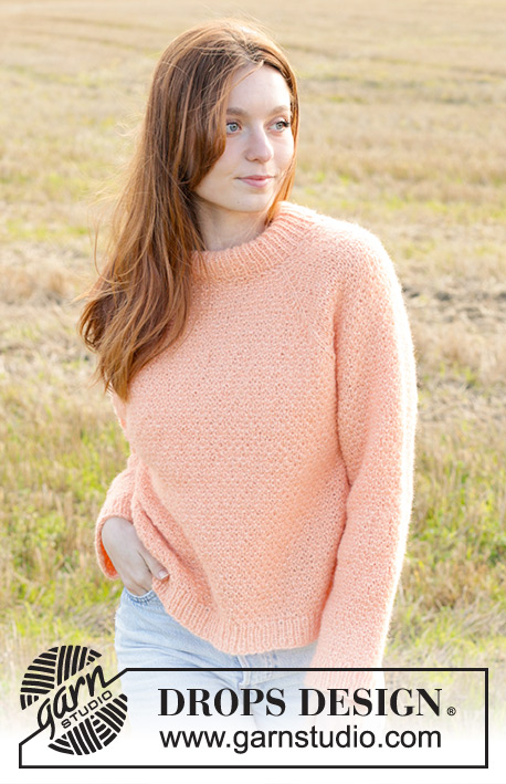Perfectly Peach / DROPS 248-24 - Knitted jumper in DROPS Air. The piece is worked top down with double neck, moss stitch and raglan. Sizes XS - XXL.