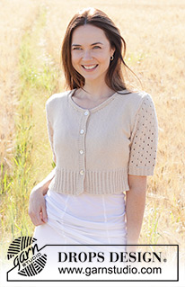 Sand Cove Cardigan / DROPS 248-28 - Propínací svetr s copánky, krajkovým vzorem a krátkým rukávem pletený zdola nahoru z příze DROPS Safran. Velikost S - XXXL.
