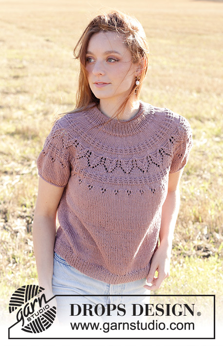 Plum Love / DROPS 248-29 - Knitted short-sleeved jumper in DROPS Muskat. The piece is worked top down with double neck, round yoke and lace pattern. Sizes S - XXXL.