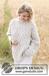 Sand Trails / DROPS 248-3 - Strikket bluse i DROPS Air og DROPS Brushed AlpacaSilk. Arbejdet strikkes nedefra og op med raglan, snoninger og dobbelt halskant. Størrelse S - XXXL.