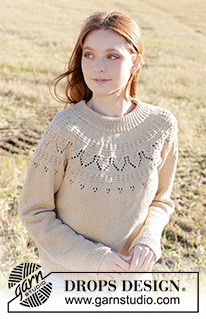 Sand Notes / DROPS 248-31 - Strikket bluse i DROPS Muskat. Arbejdet strikkes oppefra og ned med dobbelt halskant, rundt bærestykke og hulmønster. Størrelse S - XXXL.