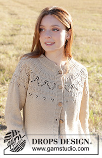 Sand Notes Cardigan / DROPS 248-32 - Knitted jacket in DROPS Muskat. The piece is worked top down with double neck, round yoke, lace pattern and I-cord. Sizes S - XXXL.