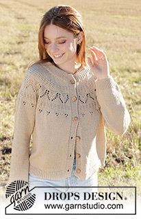 Sand Notes Cardigan / DROPS 248-32 - Knitted jacket in DROPS Muskat. The piece is worked top down with double neck, round yoke, lace pattern and I-cord. Sizes S - XXXL.