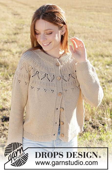Sand Notes Cardigan / DROPS 248-32 - Knitted jacket in DROPS Muskat. The piece is worked top down with double neck, round yoke, lace pattern and I-cord. Sizes S - XXXL.