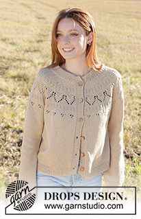 Sand Notes Cardigan / DROPS 248-32 - Knitted jacket in DROPS Muskat. The piece is worked top down with double neck, round yoke, lace pattern and I-cord. Sizes S - XXXL.