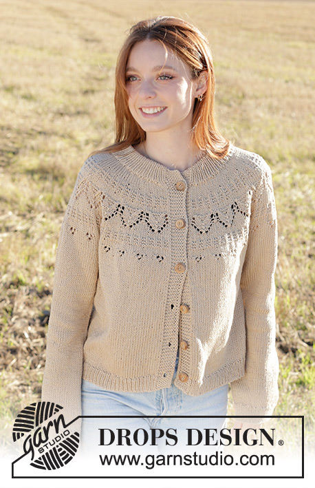 Sand Notes Cardigan / DROPS 248-32 - Knitted jacket in DROPS Muskat. The piece is worked top down with double neck, round yoke, lace pattern and I-cord. Sizes S - XXXL.