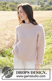Spring Whisper / DROPS 248-34 - Strikket genser i DROPS Melody. Arbeidet strikkes ovenfra og ned i perlestrikk med skrå skulder / europeisk skulder og splitt i sidene. Størrelse S - XXXL. Tema: Kirsebærblomst
