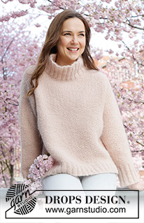 Spring Whisper / DROPS 248-34 - Strikket genser i DROPS Melody. Arbeidet strikkes ovenfra og ned i perlestrikk med skrå skulder / europeisk skulder og splitt i sidene. Størrelse S - XXXL. Tema: Kirsebærblomst