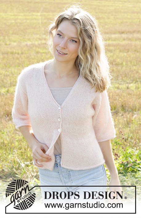 Pale Blossom / DROPS 248-35 - Strikket cardigan i DROPS Alpaca og DROPS Kid-Silk. Arbejdet strikkes oppefra og ned i glatstrik med europæisk skulder / skrå skulder og v-hals og I-cord. Størrelse S - XXXL.
