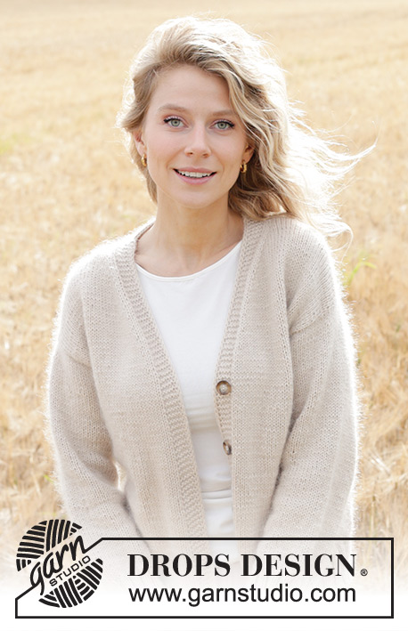 Gentle Wind Cardigan / DROPS 248-4 - Prjónuð peysa úr DROPS Daisy og DROPS Kid-Silk. Stykkið er prjónað ofan frá og niður í sléttprjóni með evrópskri öxl / skáhallandi öxl, V-hálsmáli og I-cord. Stærð S - XXXL.