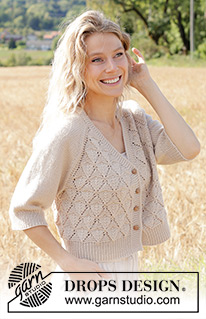 Sand Diamond Cardigan / DROPS 248-5 - Rozpinany sweter na drutach, przerabiany od góry do dołu, z włóczki DROPS Daisy lub DROPS Merino Extra Fine. Z reglanowymi rękawami, dekoltem V, ściegiem ażurowym i rękawami 3/4. Od S do XXXL.