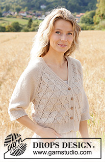 Sand Diamond Cardigan / DROPS 248-5 - Rozpinany sweter na drutach, przerabiany od góry do dołu, z włóczki DROPS Daisy lub DROPS Merino Extra Fine. Z reglanowymi rękawami, dekoltem V, ściegiem ażurowym i rękawami 3/4. Od S do XXXL.