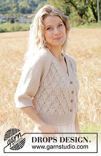Sand Diamond Cardigan / DROPS 248-5 - Rozpinany sweter na drutach, przerabiany od góry do dołu, z włóczki DROPS Daisy lub DROPS Merino Extra Fine. Z reglanowymi rękawami, dekoltem V, ściegiem ażurowym i rękawami 3/4. Od S do XXXL.