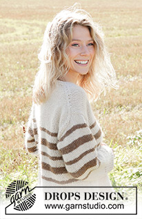 Land Sailor / DROPS 248-8 - Knitted jumper in DROPS Soft Tweed and DROPS Kid-Silk. The piece is worked top down with diagonal/European shoulders, V-neck, stripes and split in sides. Sizes S - XXXL.