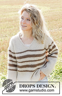 Land Sailor / DROPS 248-8 - Knitted jumper in DROPS Soft Tweed and DROPS Kid-Silk. The piece is worked top down with diagonal/European shoulders, V-neck, stripes and split in sides. Sizes S - XXXL.