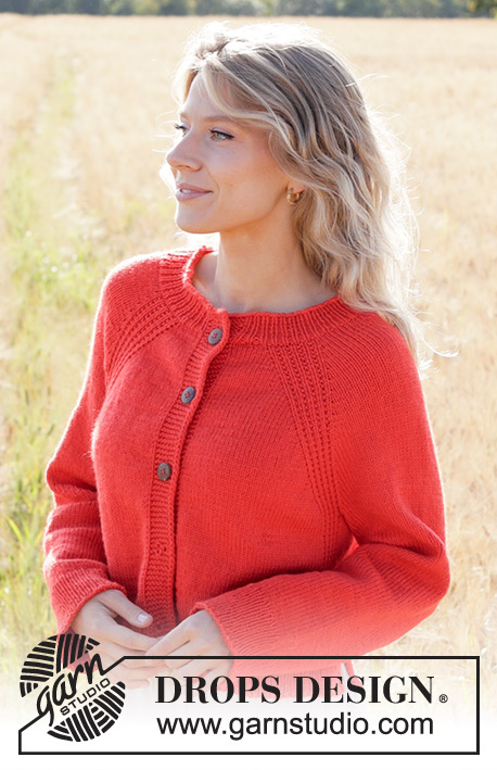 Red Sunrise Cardigan / DROPS 248-9 - Knitted jacket in DROPS Daisy. The piece is worked top down with raglan, relief-pattern, split in sides and I-cord. Sizes S - XXXL.